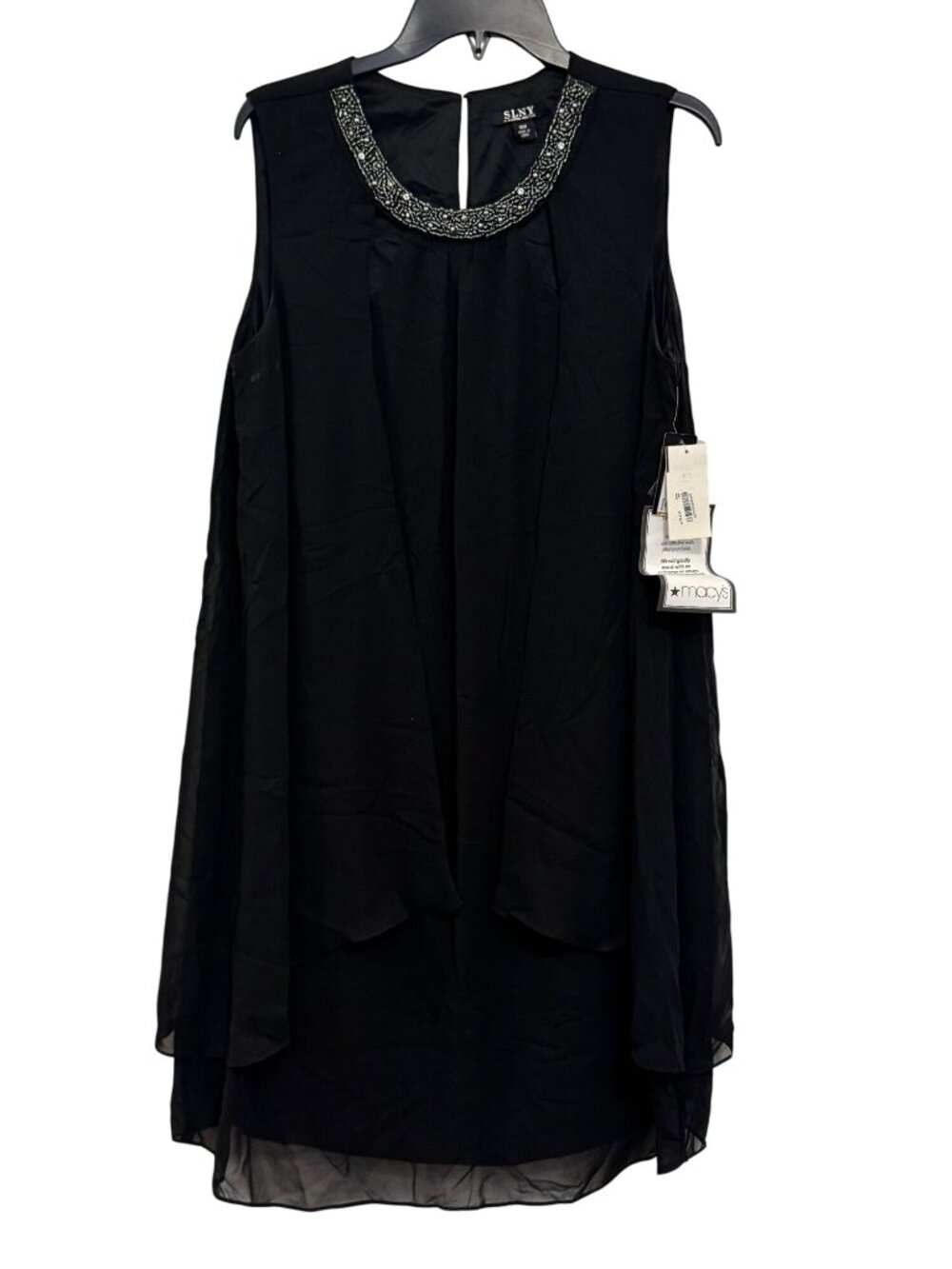 SLNY Black Sleeveless Beaded Neckline Chiffon Overlay Dress 16W